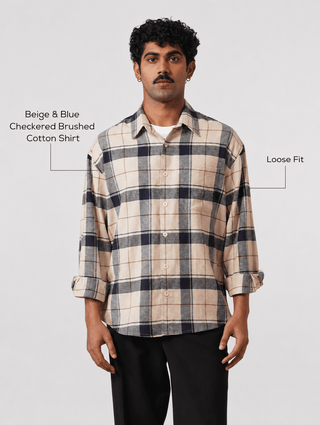 Beige & Blue Checkered Brushed Cotton Shirt – Loose Fit, Full Sleeves
