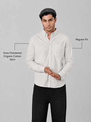 Grey Checkered Organic Cotton Shirt – Button-Down Collar | Regular Fit