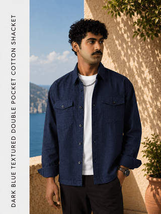 Dark Blue Textured Double Pocket Cotton Shacket
