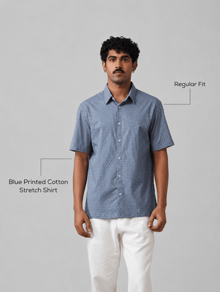 Blue Printed Cotton Stretch Shirt – Regular Fit, Half Sleeves