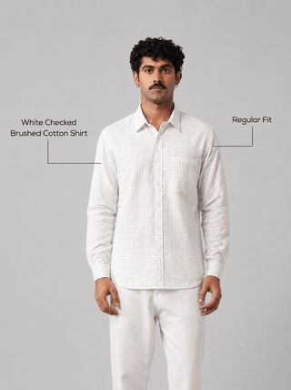White Checked Brushed Cotton Shirt – Regular Fit, Full Sleeves
