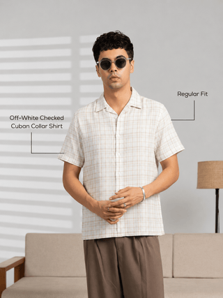 Off-White Checked Cuban Collar Shirt – Regular Fit, Half Sleeves