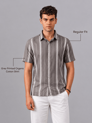 Grey Printed Organic Cotton Shirt – Regular Fit, Half Sleeves