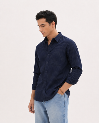 Navy Blue Pinstripe Cotton Viscose Shirt – Regular Fit, Full Sleeves