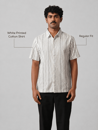 White Printed Cotton Shirt – Regular Fit, Half Sleeves