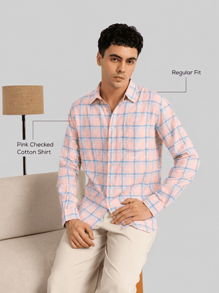 Pink Checked Cotton Shirt – Regular Fit, Full Sleeves