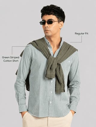 Green Striped Cotton Shirt – Regular Fit, Full Sleeves