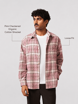 Pink Checkered Organic Cotton Shacket – Loose Fit, Full Sleeves