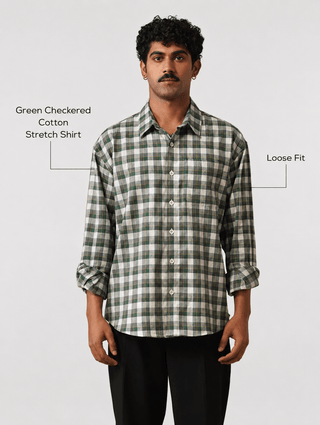 Green Checkered Cotton Stretch Shirt – Loose Fit, Full Sleeves
