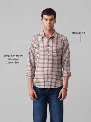 Beige & Maroon Checkered Cotton Shirt – Regular Fit, Full Sleeves