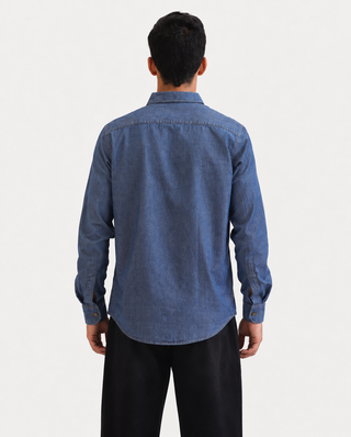 Steel Blue Textured Cotton Shirt – Regular Fit, Full Sleeves