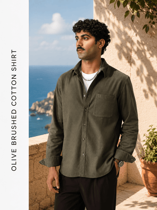 Olive Brushed Cotton Shirt – Regular Fit, Full Sleeves