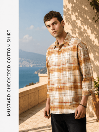 Mustard Checkered Cotton Shirt – Loose Fit, Full Sleeves