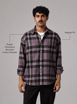 Purple Checkered Brushed Cotton Shacket – Loose Fit, Full Sleeves