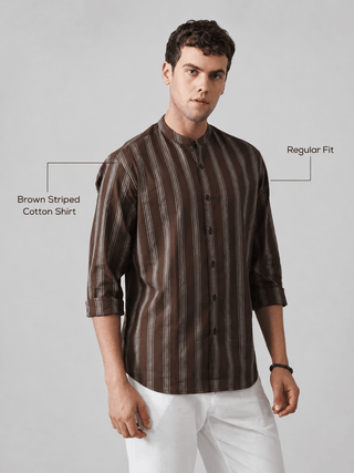 Brown Striped Cotton Shirt – Regular Fit, Full Sleeves
