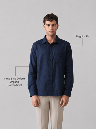 Navy Blue Oxford Organic Cotton Shirt – Regular Fit, Full Sleeves
