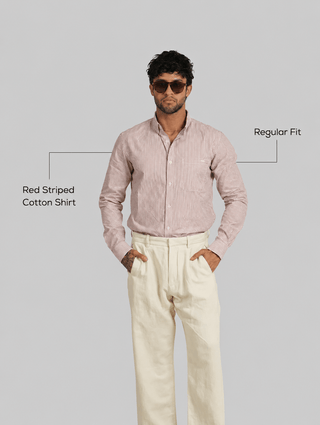 Red Striped Cotton Shirt – Regular Fit, Full Sleeves