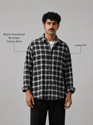 Black Checkered Brushed Cotton Shirt – Loose Fit, Full Sleeves