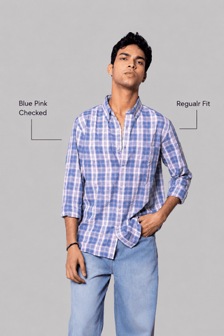 Regular Fit Blue Pink Checked Shirt