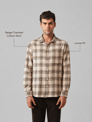 Beige Checked Cotton Shirt – Loose Fit, Full Sleeves