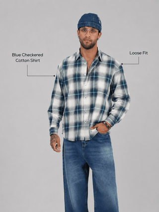 Blue Checkered Cotton Shirt – Full Sleeve, Loose Fit