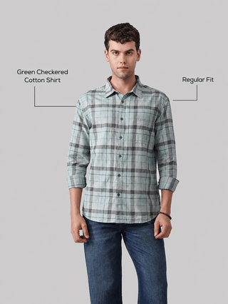 Green Checkered Cotton Shirt – Regular Fit, Full Sleeves