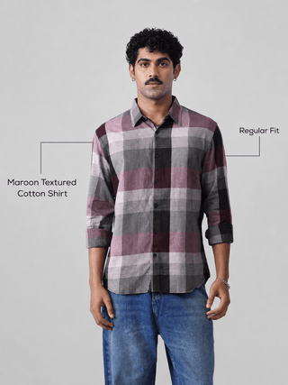 Maroon Textured Cotton Shirt – Regular Fit, Full Sleeves