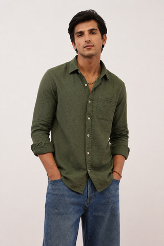 Olive Green Textured Cotton Shirt – Regular Fit, Full Sleeves