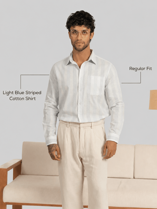 Light Blue Striped Cotton Shirt – Regular Fit, Full Sleeves