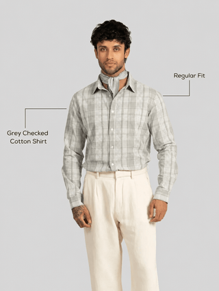 Grey Checked Cotton Shirt – Regular Fit, Full Sleeves