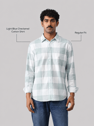 Light Blue Checkered Cotton Shirt – Regular Fit, Full Sleeves