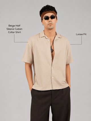 Beige Half Sleeve Cuban Collar Shirt – Loose Fit