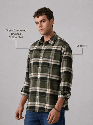 Green Checkered Brushed Cotton Shirt – Loose Fit, Full Sleeves
