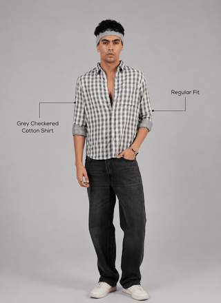 Grey Checkered Cotton Shirt – Full Sleeve, Regular Fit