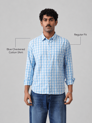 Blue Checkered Cotton Shirt – Regular Fit, Full Sleeves