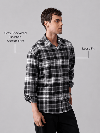 Grey Checkered Brushed Cotton Shirt – Loose Fit, Full Sleeves