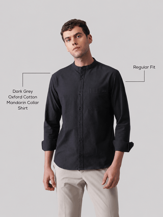 Dark Grey Oxford Cotton Mandarin Collar Shirt – Regular Fit, Full Sleeves