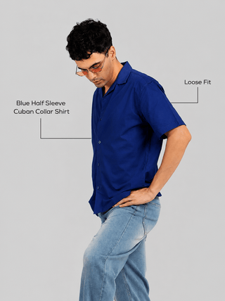 Blue Half Sleeve Cuban Collar Shirt – Loose Fit