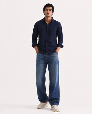 Navy Blue Linen Viscose Shirt – Regular Fit, Full Sleeves