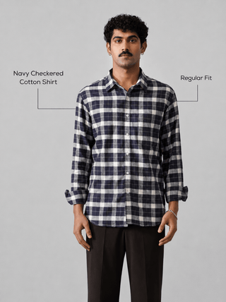 Navy Checkered Cotton Shirt – Regular Fit, Full Sleeves