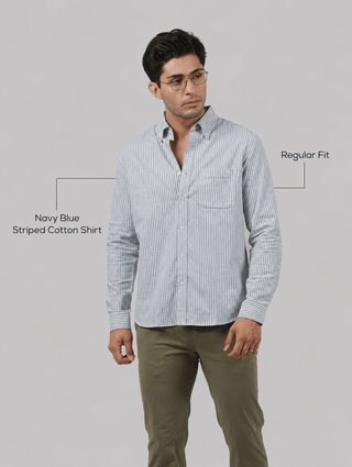 Navy Blue Striped Cotton Shirt – Button-Down Collar | Regular Fit