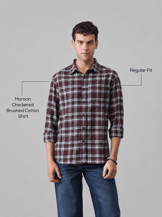 Maroon Checkered Brushed Cotton Shirt – Regular Fit, Full Sleeves