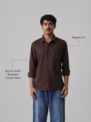 Brown Solid Brushed Cotton Shirt – Regular Fit, Full Sleeves