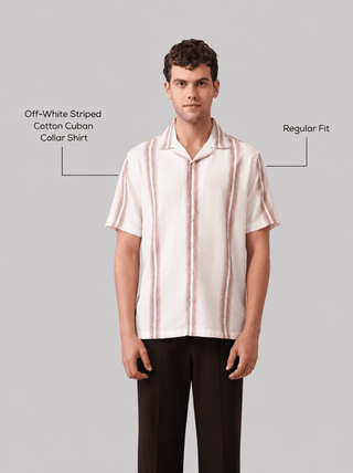 Off-White Striped Cotton Cuban Collar Shirt – Regular Fit, Half Sleeves