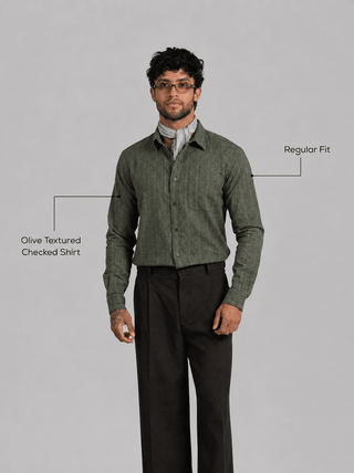 Olive Textured Checked Shirt – Regular Fit, Full Sleeves, Cotton