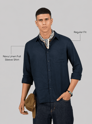 Navy Linen Full Sleeve Shirt – Regular Fit