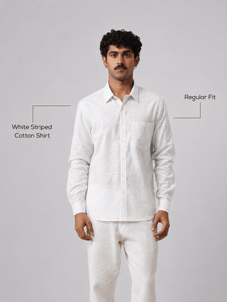 White Striped Cotton Shirt – Regular Fit, Full Sleeves