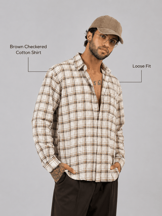 Brown Checkered Cotton Shirt – Full Sleeve, Loose Fit