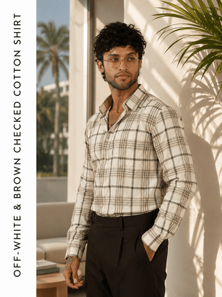 Off-White & Brown Checked Cotton Shirt – Regular Fit, Full Sleeves