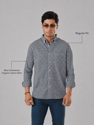 Blue Checkered Organic Cotton Shirt – Button-Down Collar | Regular Fit